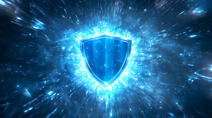 Poster - futuristic shield icon in the center of abstract digital blue background with light effects, securit