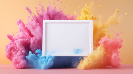 Poster - Colorful powder paint explosion around white product display frame abstract 3d render