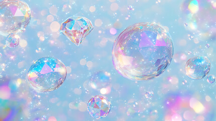 Poster - Iridescent bubbles floating in a light blue background, diamonds floating in the air, soft pastel colors used, sparklecore style with things looking shiny and glittery