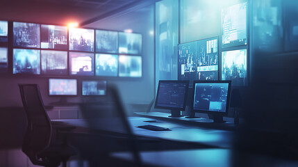 Leinwandbilder - Security control room with video wall monitoring for emergencies blurred background digital illustration