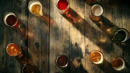 Poster - Rustic wooden background with an aerial view of multiple glasses and beers