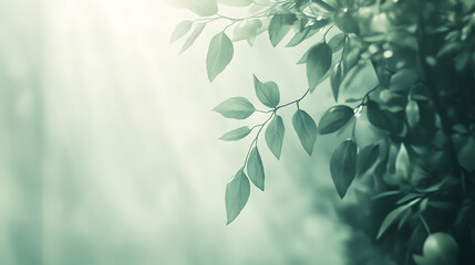 Poster - Green and white background with soft light, leafy theme, blurred