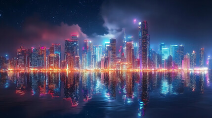 Poster - Neon metropolis futuristic night city panorama
