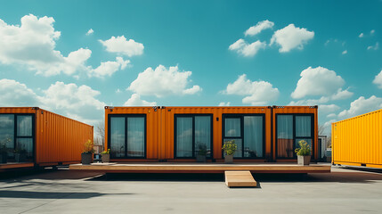 Poster - Shipping containers converted into modern living spaces, some with wooden platforms and windows, in a parking lot on a bright sunny day under a blue sky