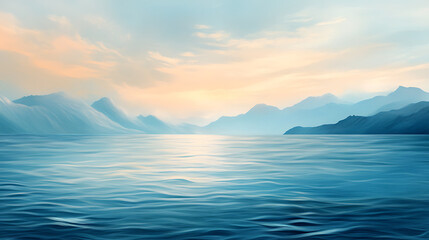 Poster - Tranquil marine landscape with calm ocean waters and distant mountains under warm sunlight digital painting