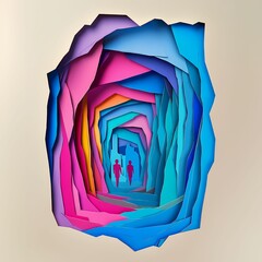Poster - Kristiansand, Norway, paper cut illustration - A colorful paper cut of a person walking through a tunnel