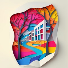 Poster - Greenville, North Carolina, paper cut illustration - A paper cut of a building with a colorful tree