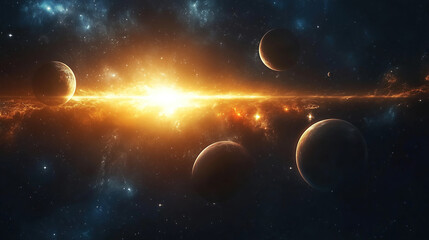 Fototapete - Dazzling cosmic explosion with planets in a vibrant solar system during a dark, starry night. Generative AI