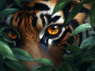 Wall Mural - A close-up view of a tiger's intense eyes peering through dense foliage in a lush jungle environment during daylight hours