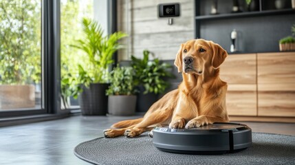 Aufkleber - A cozy pet-friendly area showcases a smart feeding station while a dog relaxes on a stylish rug surrounded by greenery. Generative AI