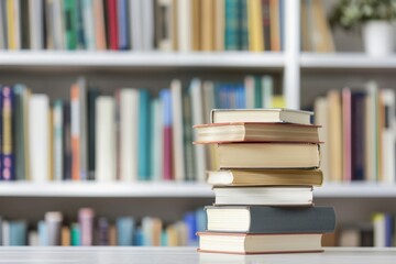 Stacked Books on a Table with a Blurred Bookshelf in the Background Creating a Cozy, Inviting Atmosphere Perfect for Readers and Book Lovers