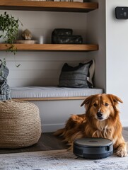 Poster - A golden retriever rests comfortably beside a smart feeding station in a stylish, pet-friendly living area decorated with modern furnishings. Generative AI