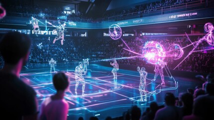 Poster - Crowds gather in a modern arena at night to witness an exhilarating sports event featuring stunning holographic displays of players in action. Bright lights and vibrant colors enhance the atmosphere.