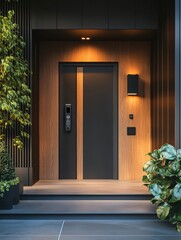 Poster - This modern home entrance showcases smart security features including cameras and a fingerprint lock, illuminated in the evening light. Generative AI