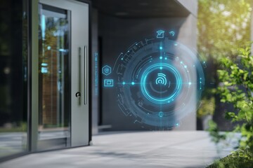 Poster - The entrance showcases a high-tech design with smart cameras, motion sensors, and a fingerprint scanner for enhanced security. Generative AI