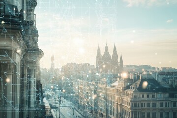 Poster - The smart city comes to life at dawn, with buildings seamlessly connected through advanced AI networks, highlighting urban technology. Generative AI