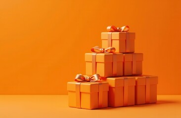 Wall Mural - A stack of elegant orange gift boxes with satin ribbons, placed against a solid orange background, perfect for Christmas, New Year, or festive greetings with room for text.
