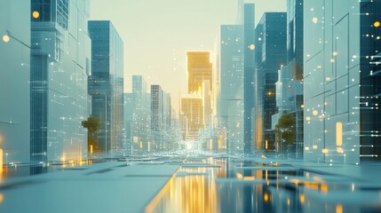 Fototapete - A vibrant urban landscape features interconnected buildings utilizing an advanced AI network, illustrating future city living at dusk. Generative AI