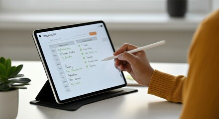 Person using tablet with stylus, writing shopping list on screen