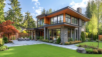 Wall Mural - A beautiful and cozy modern house with a spacious backyard, home, architecture, real estate, property, exterior