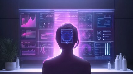 Aufkleber - A user engages with a high-tech mirror that analyzes hair health and offers tailored advice in a contemporary salon environment. Generative AI
