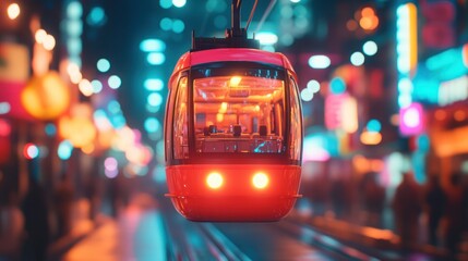 Wall Mural - Night city streetcar with blurred background.