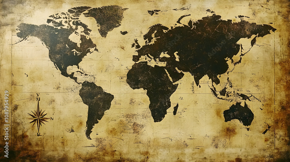 Antique World Map Illustration with Compass, Showing Continents and ...