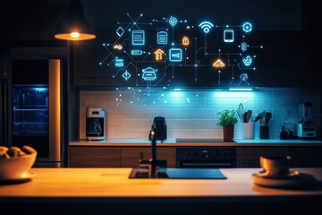Poster - A well-designed kitchen showcases smart appliances and digital interfaces, creating a high-tech cooking environment illuminated at night. Generative AI