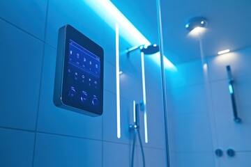 Aufkleber - A stylish bathroom showcases an advanced shower system equipped with a sleek touch panel for easy temperature adjustments. Generative AI
