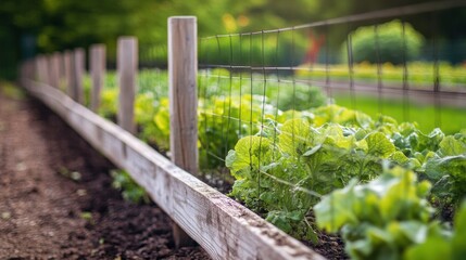 Poster - A wooden fence separates well-maintained garden beds, showcasing thriving vegetables amid lush greenery in a serene environment. Generative AI