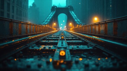 Wall Mural - Rainy night city bridge railway tracks.