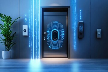 Poster - A modern home entrance showcases advanced security features like cameras, motion sensors, and a sophisticated fingerprint lock. Generative AI