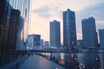 Aufkleber - This urban landscape showcases modern architecture with AI networks seamlessly integrating buildings by the tranquil water at dusk. Generative AI