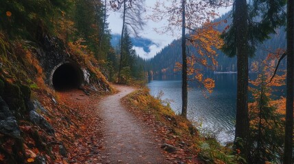 Wall Mural - A winding path through an autumnal forest leads to a dark tunnel with a lake and mountains in the background.