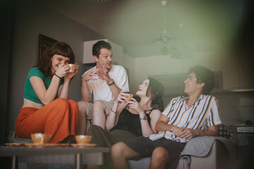 Wall Mural - A vibrant group of young friends sit comfortably on a sofa, sharing laughter and coffee. The atmosphere is cozy and full of joy, reflecting a moment of togetherness.