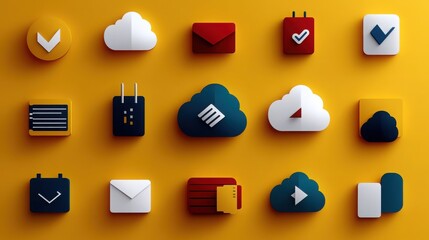 a collection of colorful, modern cloud computing icons on a vibrant yellow background, perfect for d