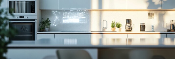 Poster - The kitchen showcases smart appliances, including a digital display, bright lighting, and greenery, enhancing a contemporary cooking space. Generative AI