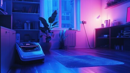 Poster - A modern living room interior with a robot vacuum cleaner, pink and blue neon lighting, and a grey rug.