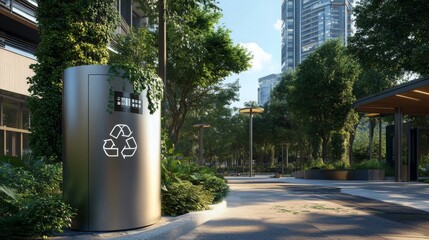 Aufkleber - A sleek recycling station stands in a vibrant green park, with sunlight filtering through the trees. Tall buildings rise in the background, creating a blend of nature and urban environment.