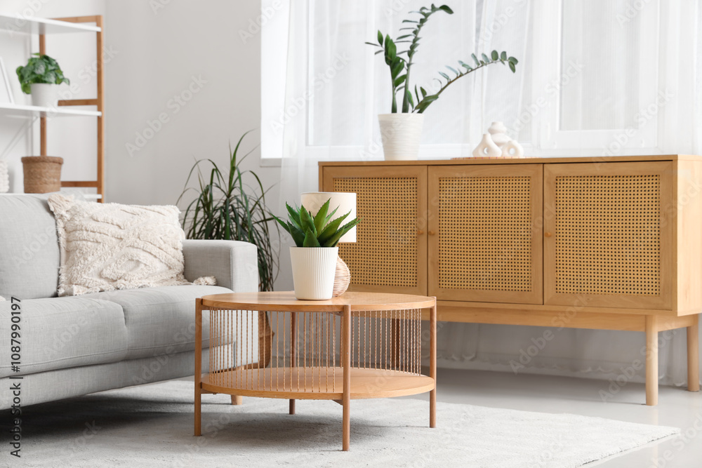 Interior of light living room with grey sofa, table and drawers