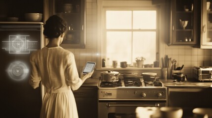 Fototapete - A person interacts with a smart appliance in a stylish kitchen, using a tablet to enhance their cooking process and efficiency. Generative AI