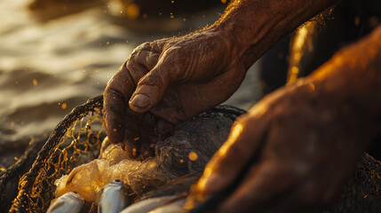 Fisherman's Hands Sorting Fresh Catch in Net, Sunset, Macro