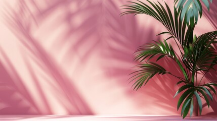 Poster - Abstract Minimal Background with Palm Leaf Shadow on Pastel Pink Wall for Product Presentation Display Mockup
