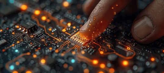 Poster - Finger Touching Glowing Chip on Electronic Circuit Board with Futuristic Lights