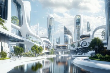 Aufkleber - This smart city showcases modern architecture, where buildings are seamlessly integrated with an AI network, reflecting innovative urban living. Generative AI