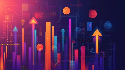 Poster - Abstract background of colorful arrows and bars on a dark background representing digital growth and success.