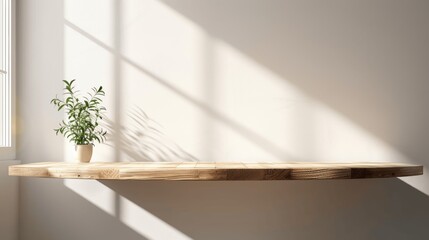 Poster - Natural Wooden Table with Sunlight and Shadow for Product Display Presentation, Minimalist Design, High Resolution Photography, Luxury Beauty Treatment Background