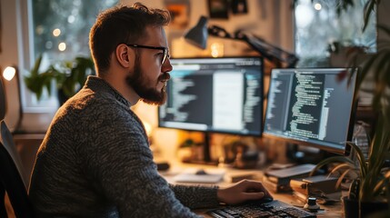 Poster - A bearded man wearing glasses sits at a computer desk looking intently at his dual monitors. He is working on a coding project and typing on a keyboard with his right hand.