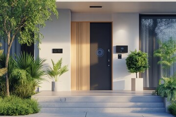 Poster - The entrance showcases advanced security features including cameras, motion sensors, and a fingerprint lock surrounded by lush greenery. Generative AI