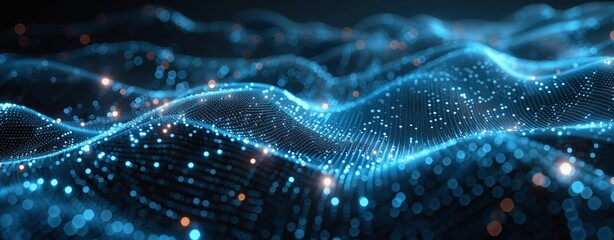Aufkleber - Futuristic Blue Digital Waves and Glowing Particles on Dark Background
